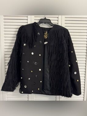 Vintage Crystals Hand Woven Jacket Black With Buttons And Fringe- Art To Wear